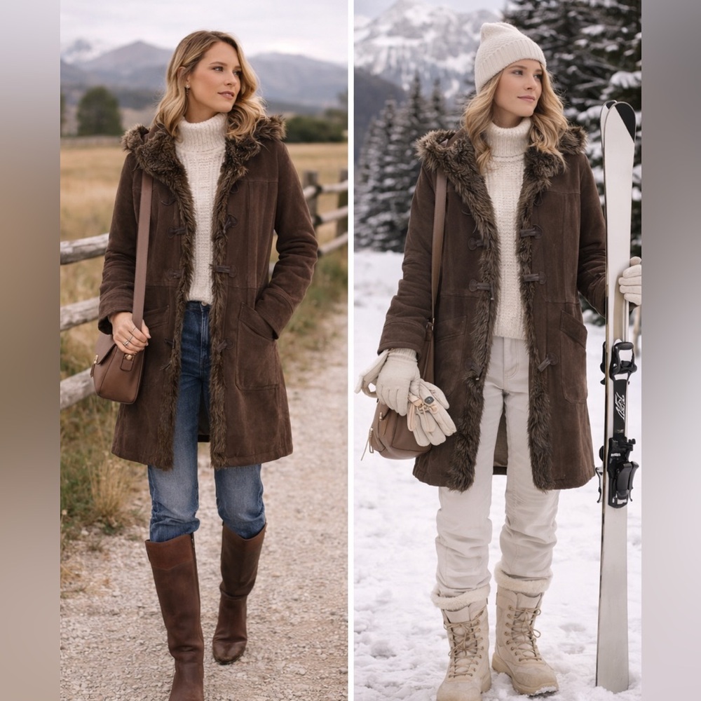 BEN SHERMAN Vintage Suede Penny Lane Shearling Coat |‎ Rustic Luxe Après-Ski